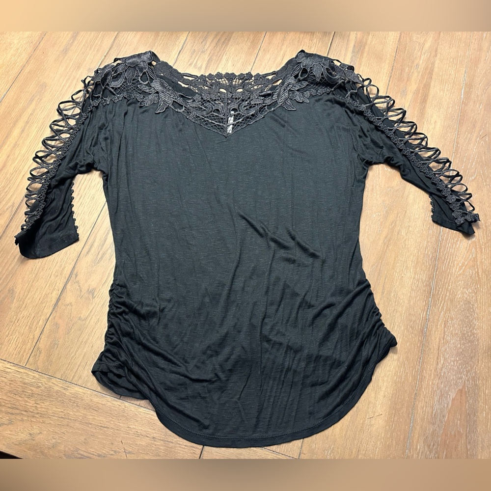 Black Lace Fitted Blouse with 3/4 Sleeves